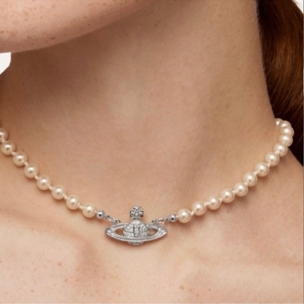 Pearl 18k Gold Plated silver crystal Saturn orb necklace New